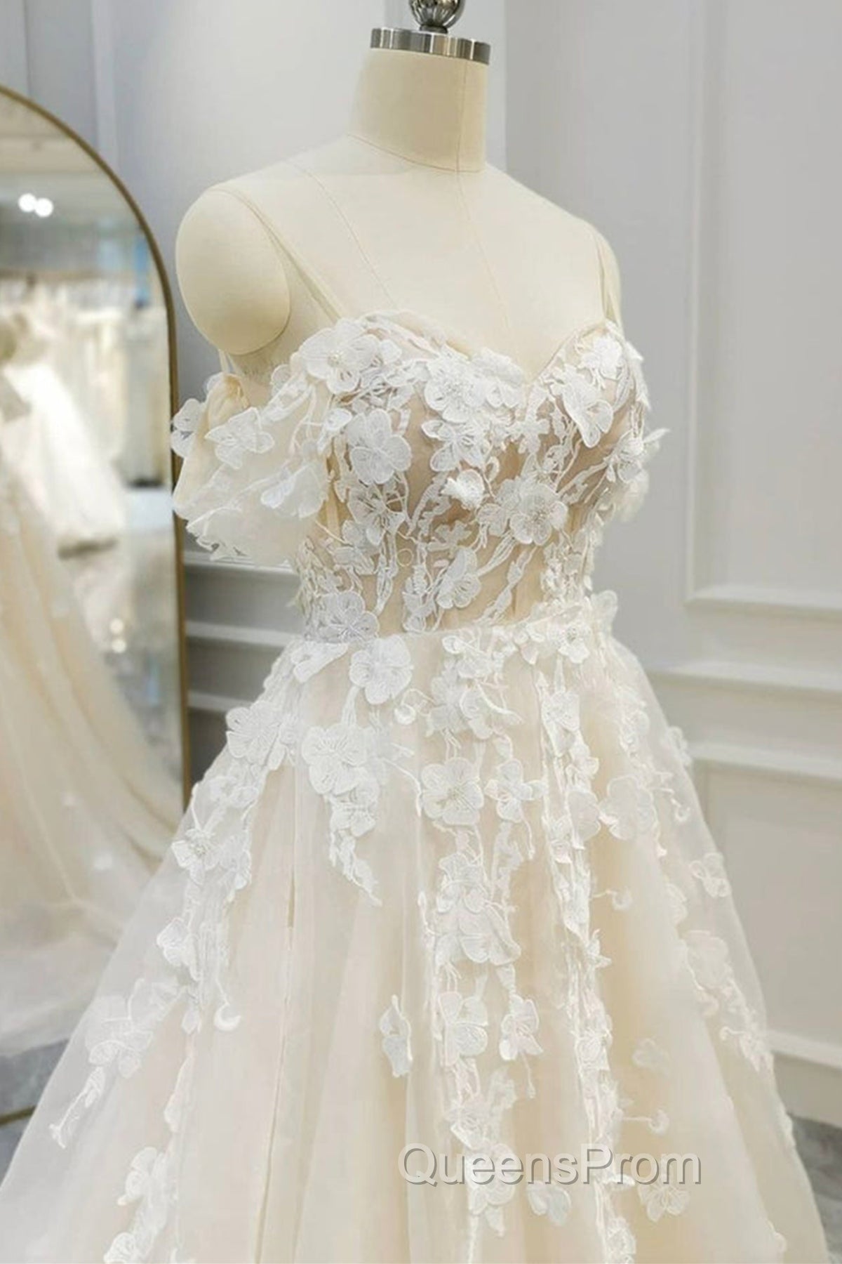 Off Shoulder Light Champagne Tulle Lace Long Evening Prom Dress, Light Champagne Lace Formal Evening Dress Secondary image