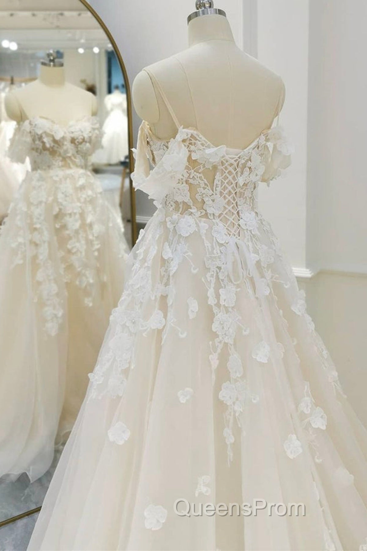 Off Shoulder Light Champagne Tulle Lace Long Evening Prom Dress, Light Champagne Lace Formal Evening Dress