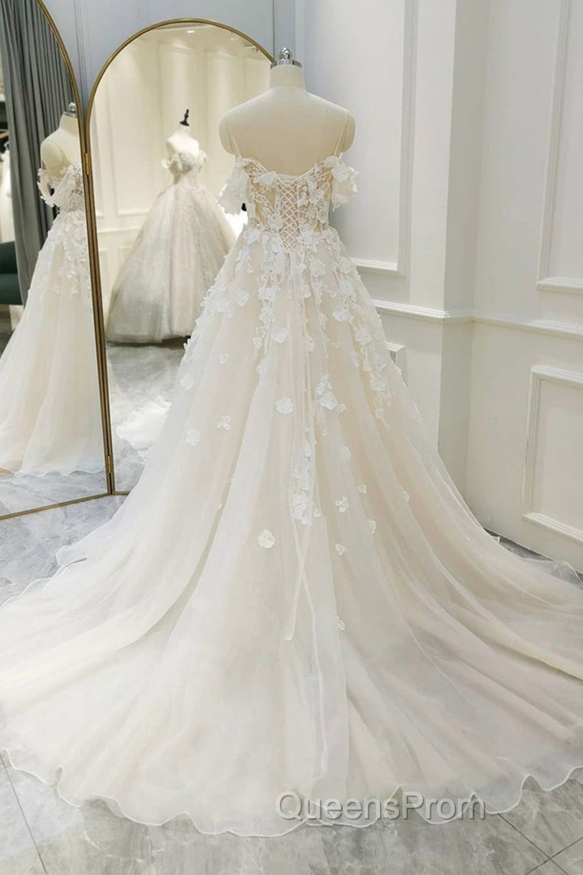 Off Shoulder Light Champagne Tulle Lace Long Evening Prom Dress, Light Champagne Lace Formal Evening Dress A1583