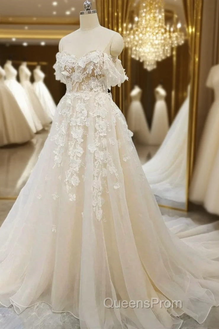 Off Shoulder Light Champagne Tulle Lace Long Evening Prom Dress, Light Champagne Lace Formal Evening Dress A1583 Main image