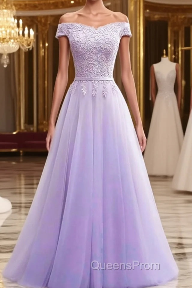 Off Shoulder Light Purple Lace Long Evening Prom Dress, Off the Shoulder Lilac Lace Formal Dress, Purple Evening Dress Main image