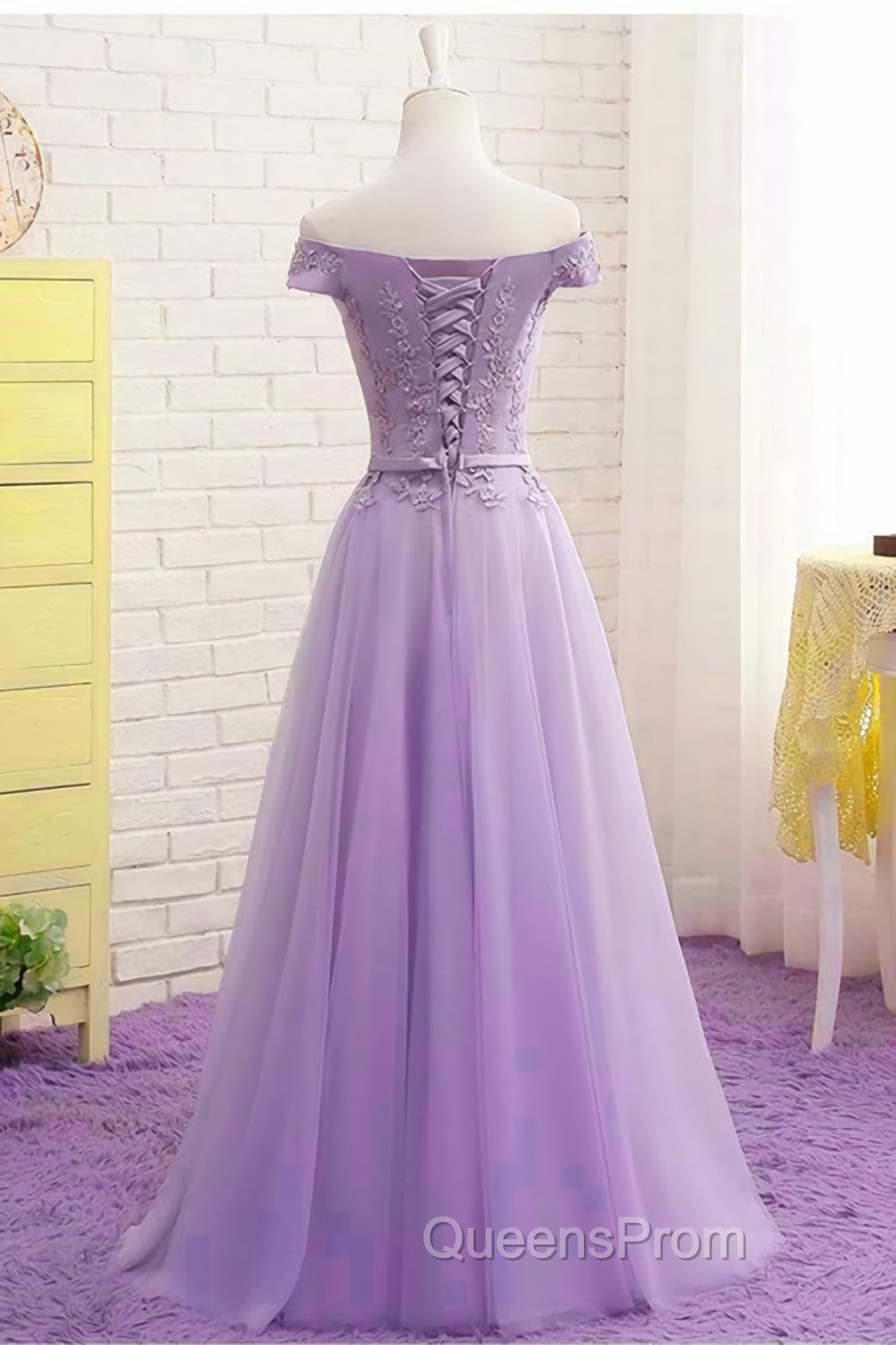 Off Shoulder Light Purple Lace Long Evening Prom Dress, Off the Shoulder Lilac Lace Formal Dress, Purple Evening Dress Secondary image