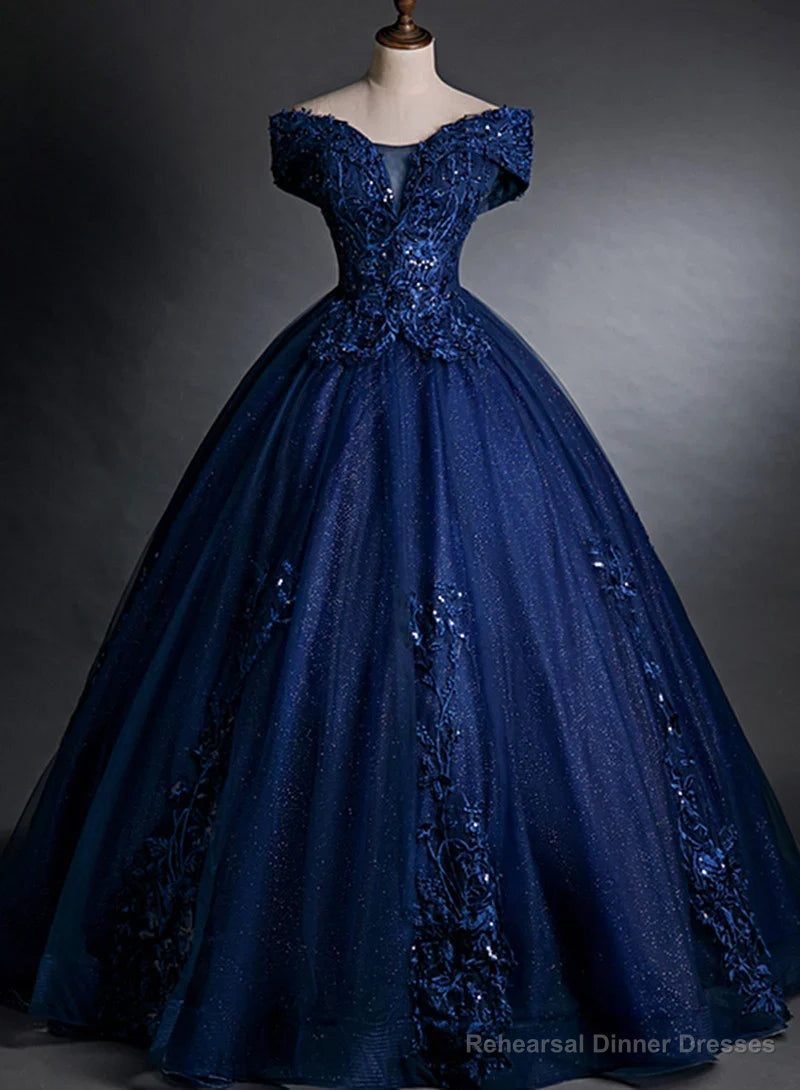 Off Shoulder Navy Blue Long Sweet 16 Gown Blue Tulle with Lace Prom Dress prom dresses shops Main image