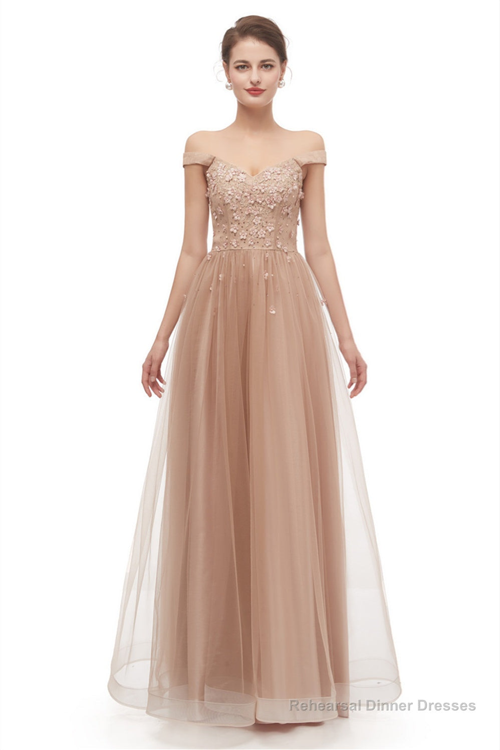 Off-Shoulder Pearls Applique A-Line Tulle Prom Dresses Main image