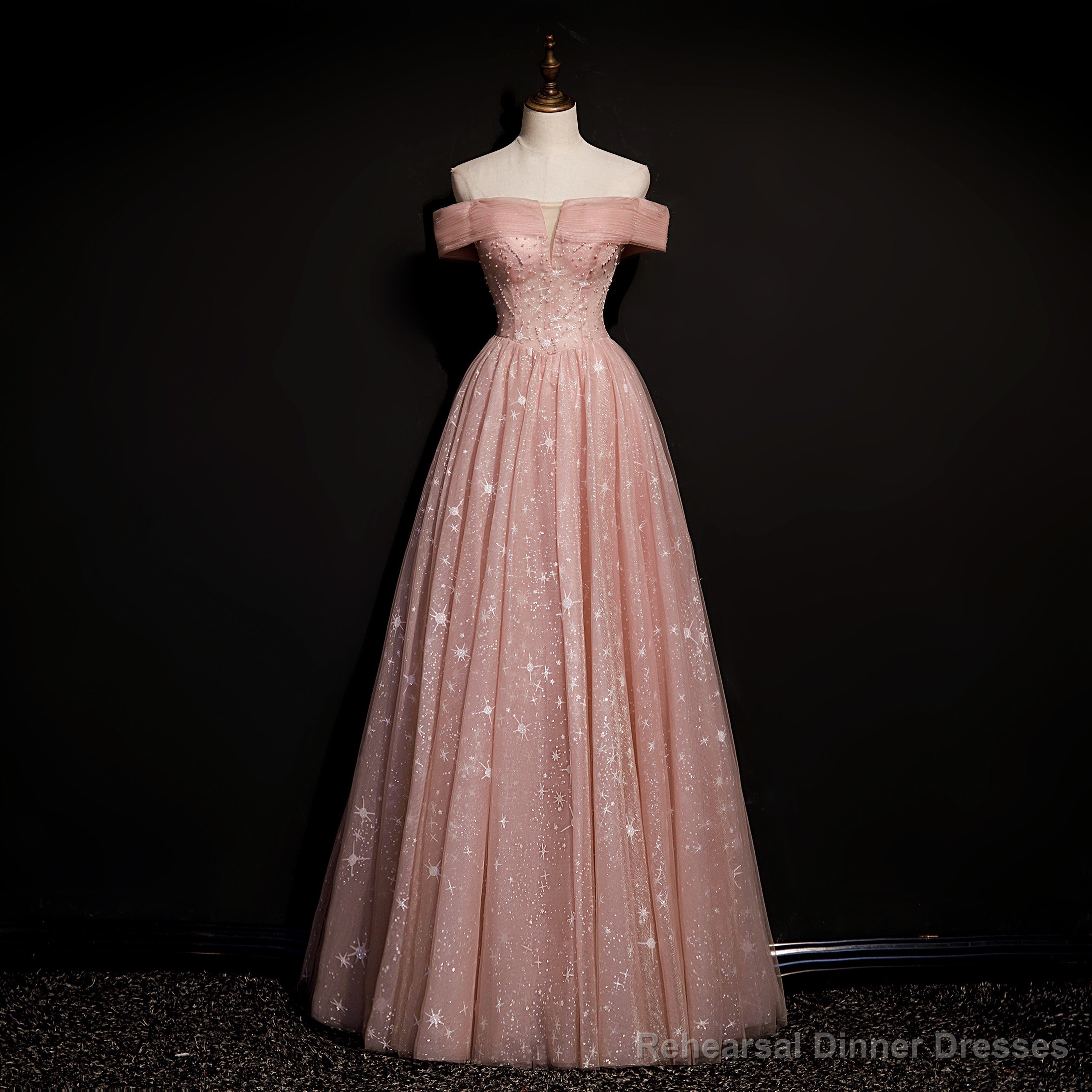 Off Shoulder Pink Tulle Long A-line Prom Dress with Beadings, Pink Long Party Dress Evening Dress Secondary image