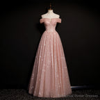 Off Shoulder Pink Tulle Long A-line Prom Dress with Beadings, Pink Long Party Dress Evening Dress
