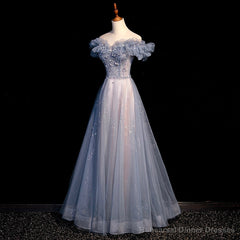 Off Shoulder Puffy Sleeves Beaded Party Dress Prom Dress, Blue Evening Gown