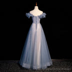 Off Shoulder Puffy Sleeves Beaded Party Dress Prom Dress, Blue Evening Gown
