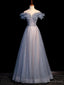 Off Shoulder Puffy Sleeves Beaded Party Dress Prom Dress, Blue Evening Gown