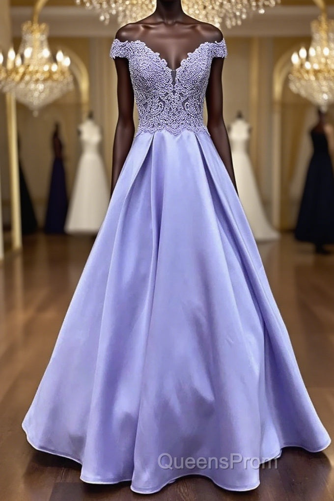 Off Shoulder Purple Lace Long Evening Prom Dress, Off Shoulder Purple Formal Dress, Purple Lace Evening Dress Main image