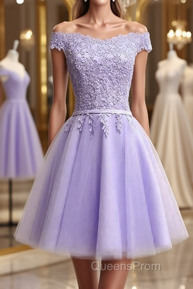Off Shoulder Purple Lace Short Evening Prom Dress, Lilac Lace Homecoming Dress, Short Purple Formal Evening Dress Main image