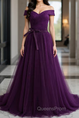 Off Shoulder Purple Tulle Long Evening Prom Dress, Off the Shoulder Purple Formal Dress, Purple Evening Dress