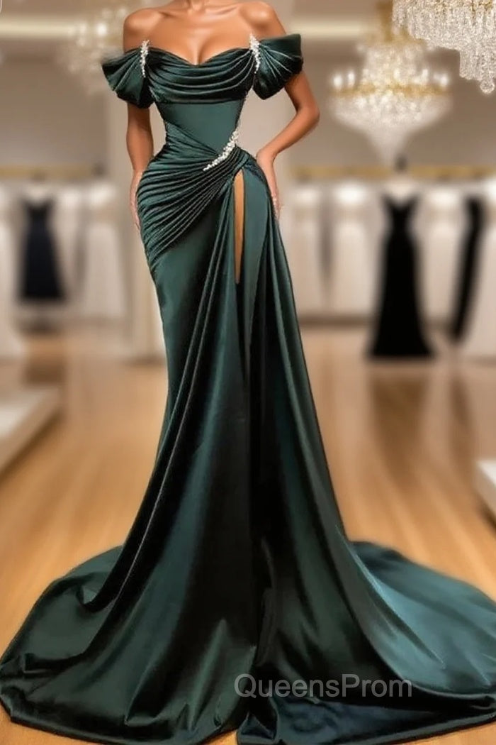 Off Shoulder Satin Green Slit Beading Mermaid Evening Prom Dress Main image