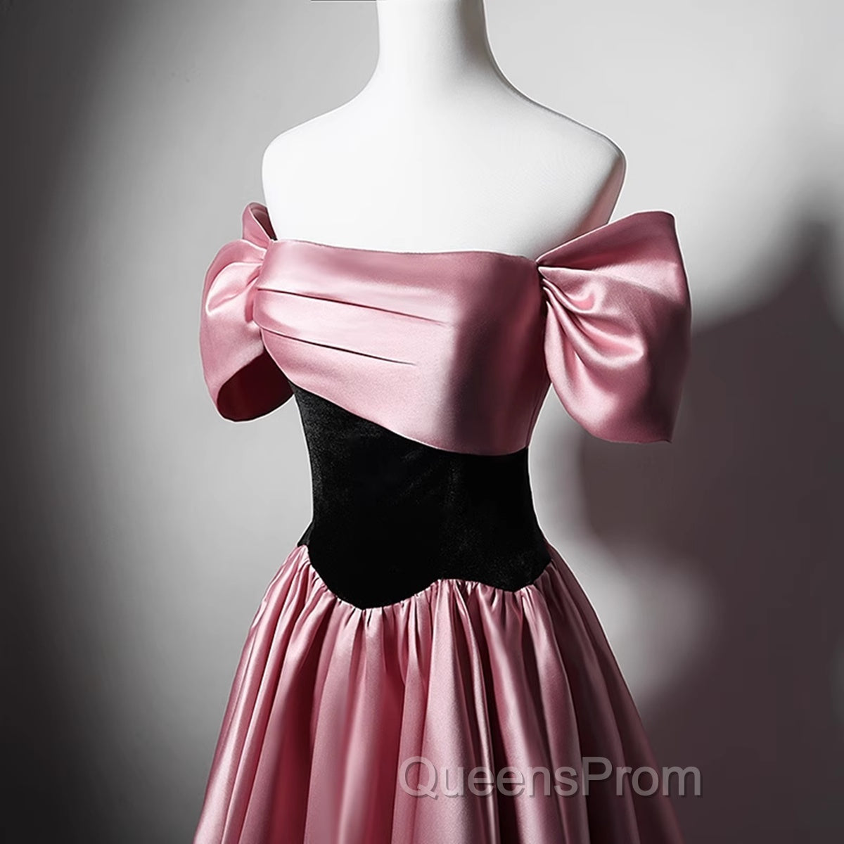 Off Shoulder Satin Scoop A-Line Long Party Dress, Pink And Black Evening Prom Dress Evening Dress Secondary image