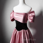 Off Shoulder Satin Scoop A-Line Long Party Dress, Pink And Black Evening Prom Dress Evening Dress