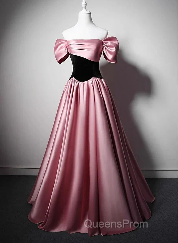 Off Shoulder Satin Scoop A-Line Long Party Dress Evening Prom Dress Evening Dress