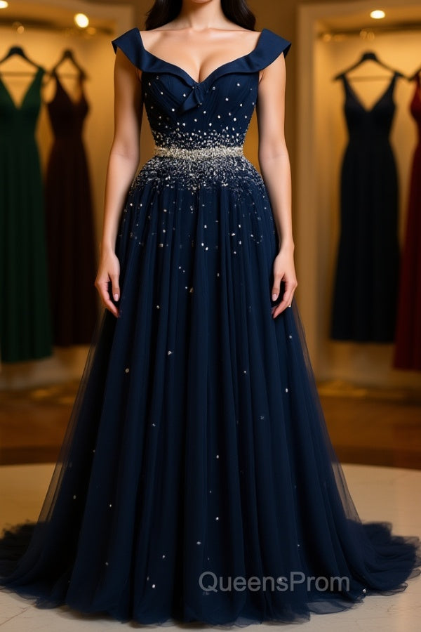 Off Shoulder Sequins Dark Blue Long Evening Prom Dress, Dark Blue Formal Dress, Off Shoulder Evening Dress Main image