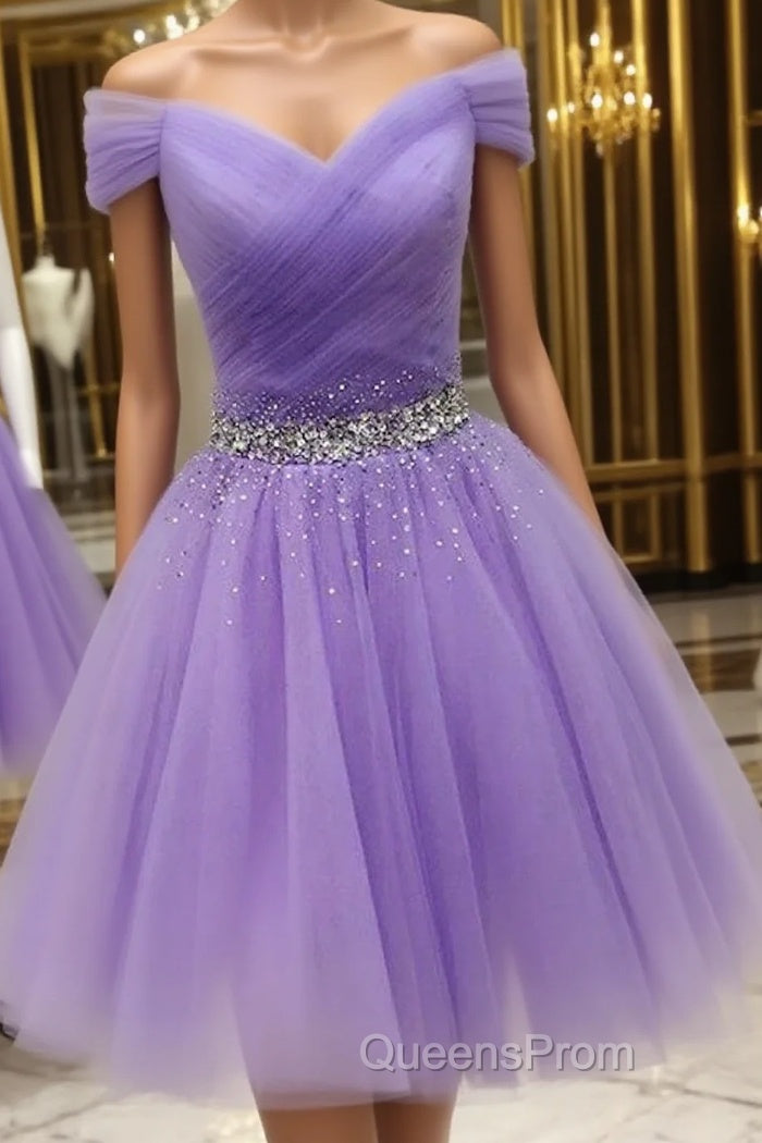 Off Shoulder Sequins Lilac Short Evening Prom Dress Homecoming Dress, Off Shoulder Lilac Lavender Formal Graduation Evening Dress Main image