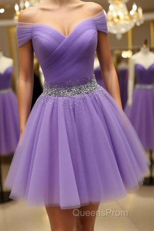 Off Shoulder Sequins Purple Short Evening Prom Dress, Off the Shoulder Purple Homecoming Dress, Short Purple Formal Evening Dress Main image