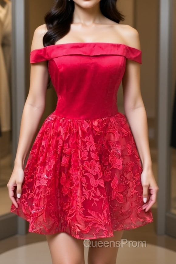 Off Shoulder Short Red Lace Evening Prom Dress, Off Shoulder Red Lace Formal Graduation Dress, Red Lace Homecoming Dress