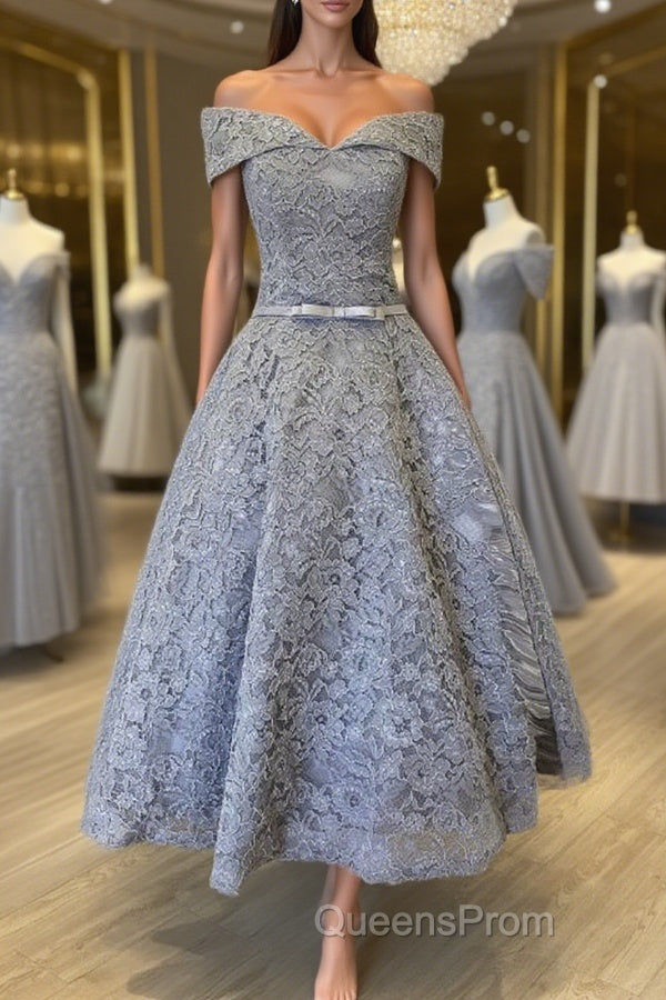Off Shoulder Tea Length Gray Lace Evening Prom Dress, Off the Shoulder Gray Homecoming Dress, Gray Lace Formal Evening Dress Main image