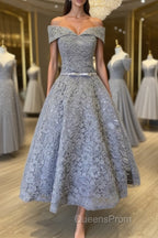 Off Shoulder Tea Length Gray Lace Evening Prom Dress, Off the Shoulder Gray Homecoming Dress, Gray Lace Formal Evening Dress