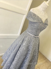 Off Shoulder Tea Length Gray Lace Evening Prom Dress, Off the Shoulder Gray Homecoming Dress, Gray Lace Formal Evening Dress