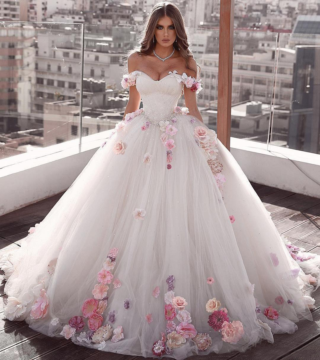 Off Shoulder Tulle Ball Gown Wedding Dress Floral Flowers Beaded