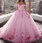 Off Shoulder Tulle Ball Gown Wedding Dress Floral Flowers Beaded