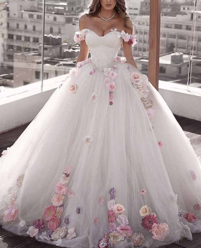 Off Shoulder Tulle Ball Gown Wedding Dress Floral Flowers Beaded