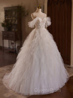 Off Shoulder Tulle Lace Light Champagne Long Evening Prom Dress, Light Champagne Sweet 16 Dress
