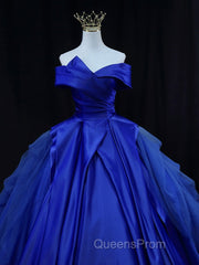 Off Shoulder Tulle Satin Blue Long Evening Prom Gown, Blue Long Evening Dress