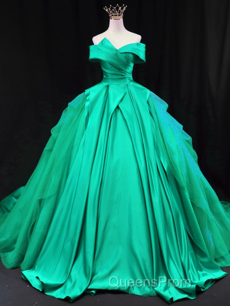 Off Shoulder Tulle Satin Blue Long Evening Prom Gown, Blue Long Evening Dress