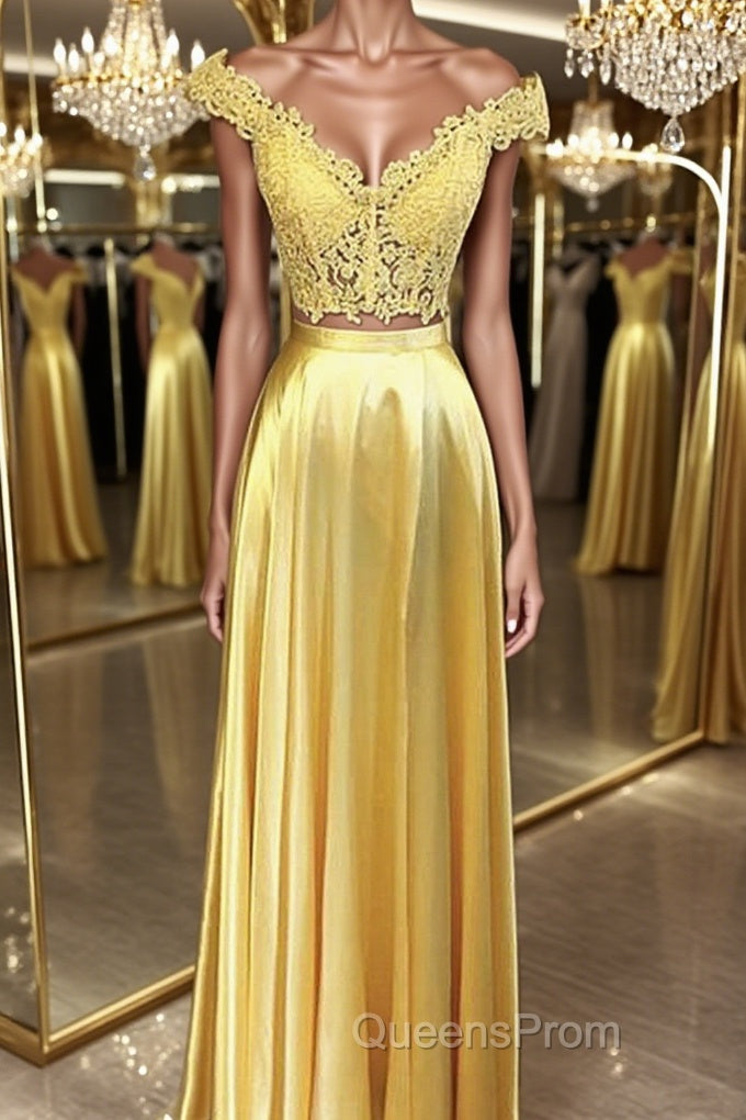 Off Shoulder Two Pieces Lace Yellow Long Evening Prom Dress, Off the Shoulder Yellow Lace Formal Dress, Two Pieces Yellow Lace Evening Dress Main image