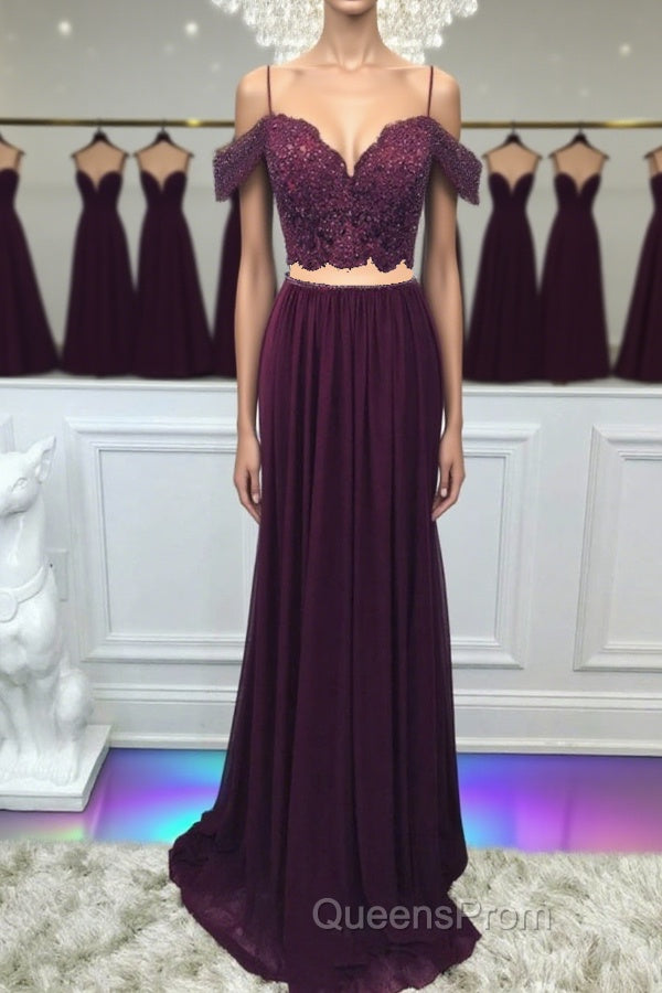 Off Shoulder Two Pieces Purple Lace Long Evening Prom Dress, 2 Pieces Purple Formal Dress, Purple Lace Evening Dress Main image