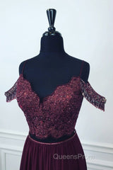 Off Shoulder Two Pieces Purple Lace Long Evening Prom Dress, 2 Pieces Purple Formal Dress, Purple Lace Evening Dress