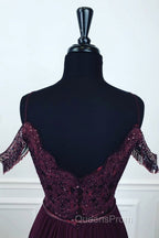 Off Shoulder Two Pieces Purple Lace Long Evening Prom Dress, 2 Pieces Purple Formal Dress, Purple Lace Evening Dress