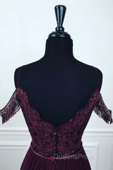 Off Shoulder Two Pieces Purple Lace Long Evening Prom Dress, 2 Pieces Purple Formal Dress, Purple Lace Evening Dress