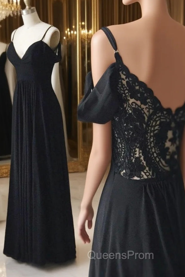 Off Shoulder V Neck Black Lace Long Evening Prom Dress, Off Shoulder Black Formal Dress, Black Lace Evening Dress Main image