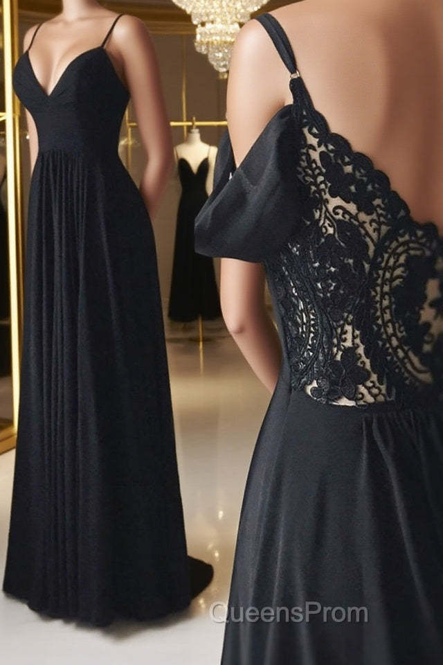 Off Shoulder V Neck Black Long Evening Prom Dress with Lace Back, Off the Shoulder Black Formal Dress, Black Lace Evening Dress Main image