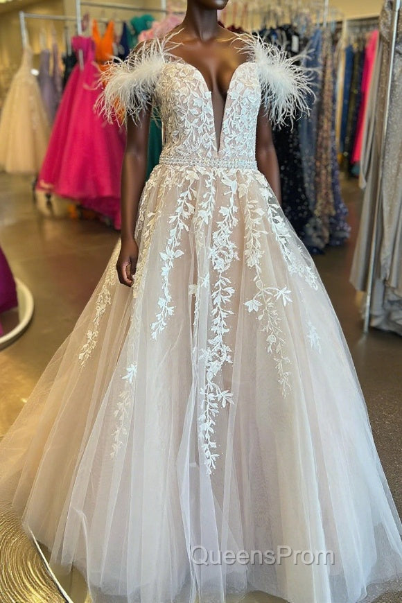 Off Shoulder V Neck Champagne Lace Long Evening Prom Dress with Belt, Champagne Lace Formal Dress, Champagne Evening Dress Main image