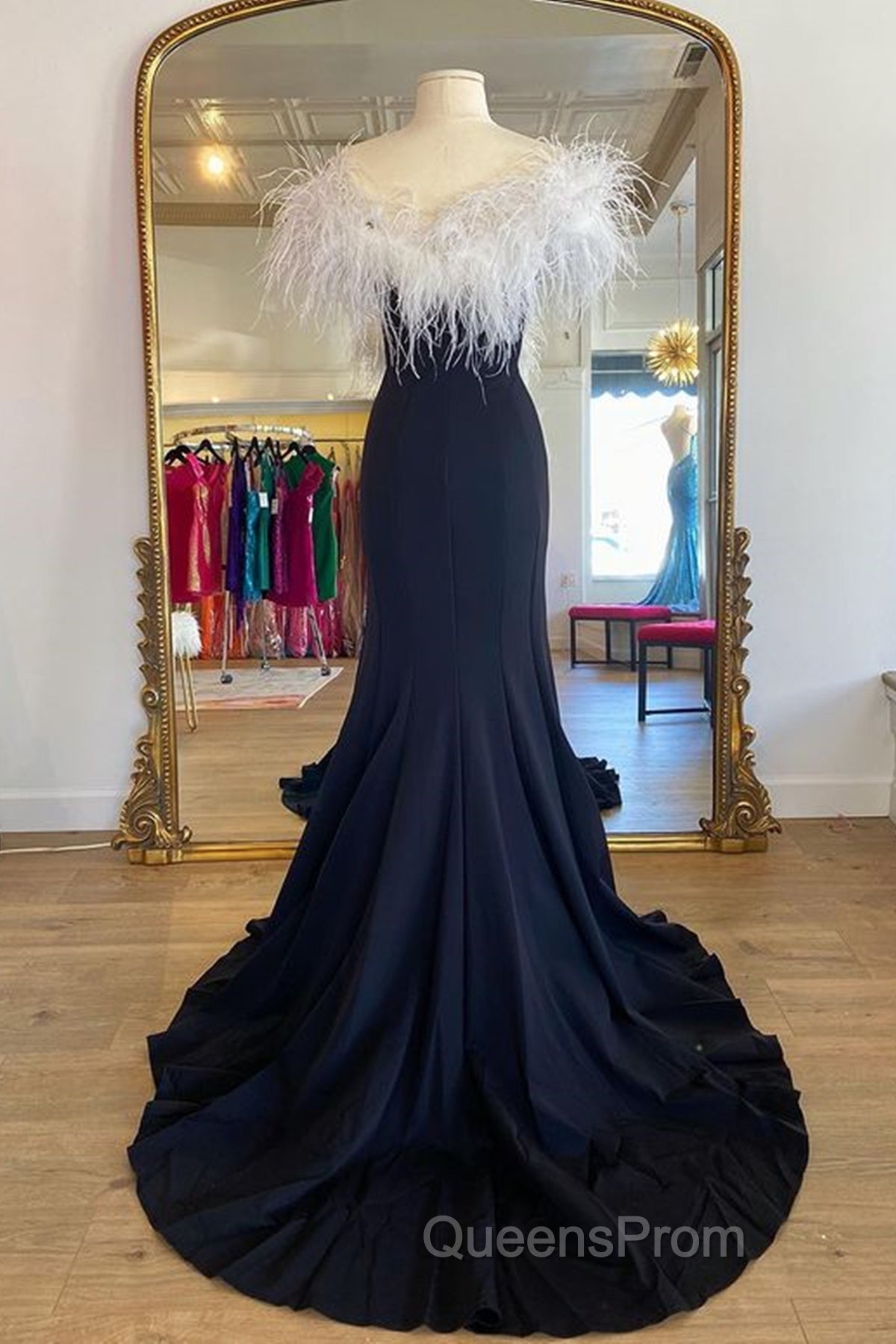 Off Shoulder V Neck Mermaid Black Long Evening Prom Dress, Mermaid Black Formal Dress, Black Evening Dress