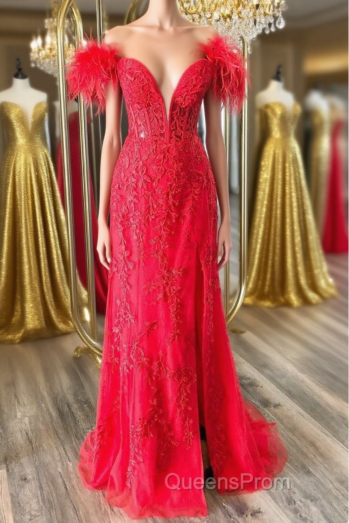 Off Shoulder V Neck Mermaid Red Lace Long Evening Prom Dress with High Slit, Mermaid Red Formal Dress, Red Lace Evening Dress Main image