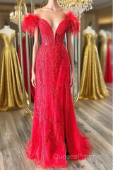 Off Shoulder V Neck Mermaid Red Lace Long Evening Prom Dress with High Slit, Mermaid Red Formal Dress, Red Lace Evening Dress