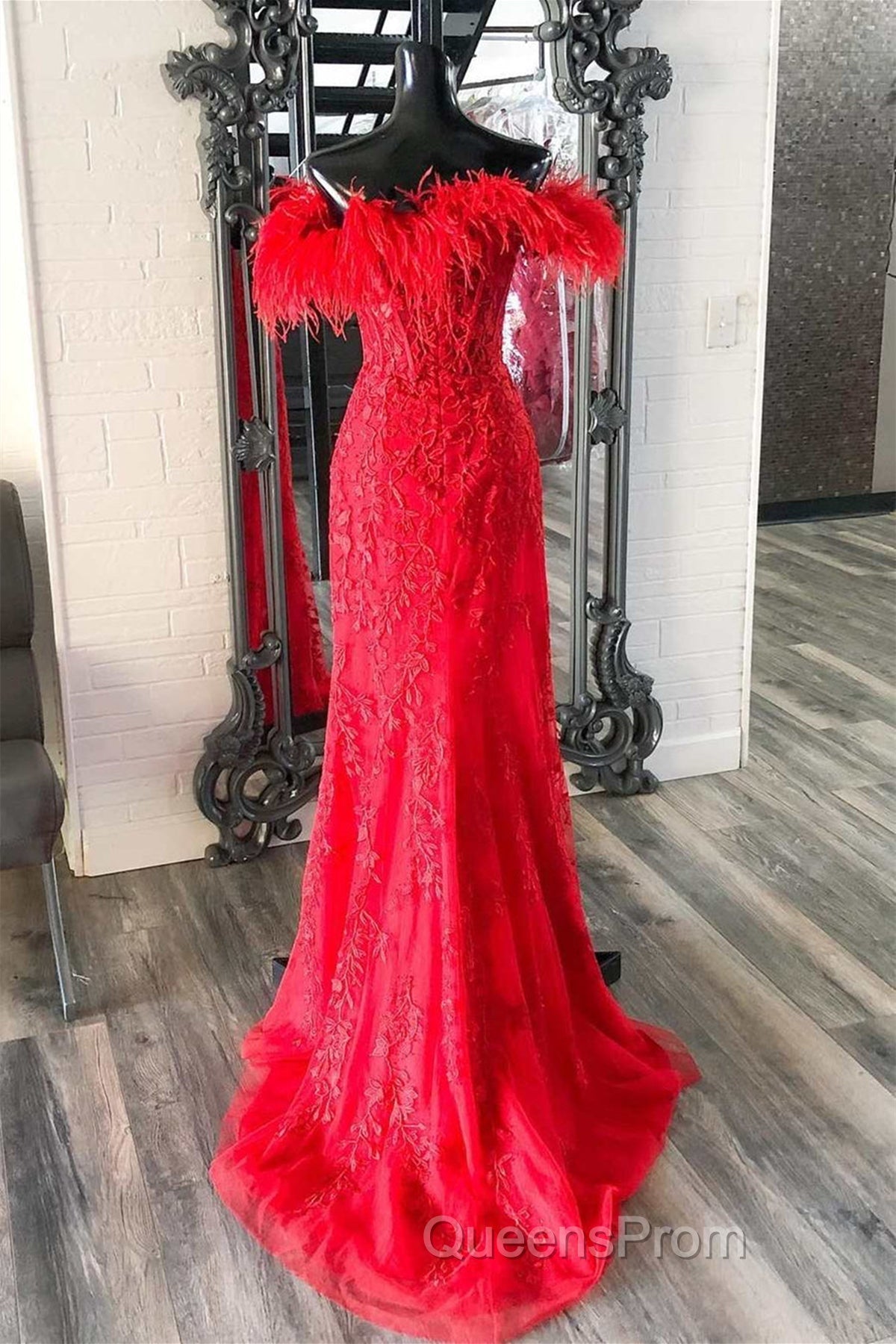 Off Shoulder V Neck Mermaid Red Lace Long Evening Prom Dress with High Slit, Mermaid Red Formal Dress, Red Lace Evening Dress Secondary image
