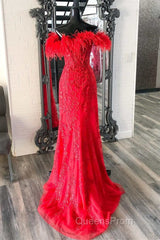 Off Shoulder V Neck Mermaid Red Lace Long Evening Prom Dress with High Slit, Mermaid Red Formal Dress, Red Lace Evening Dress
