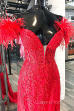Off Shoulder V Neck Mermaid Red Lace Long Evening Prom Dress with High Slit, Mermaid Red Formal Dress, Red Lace Evening Dress
