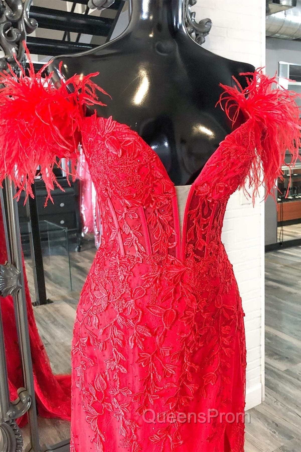 Off Shoulder V Neck Mermaid Red Lace Long Evening Prom Dress with High Slit, Mermaid Red Formal Dress, Red Lace Evening Dress