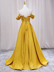 Off Shoulder V Neck Yellow Satin Long Evening Prom Dress, Off The Shoulder Yellow Formal Dress, Yellow Evening Dress