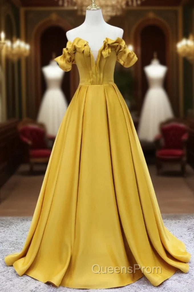 Off Shoulder V Neck Yellow Satin Long Evening Prom Dress, Off The Shoulder Yellow Formal Dress, Yellow Evening Dress Main image